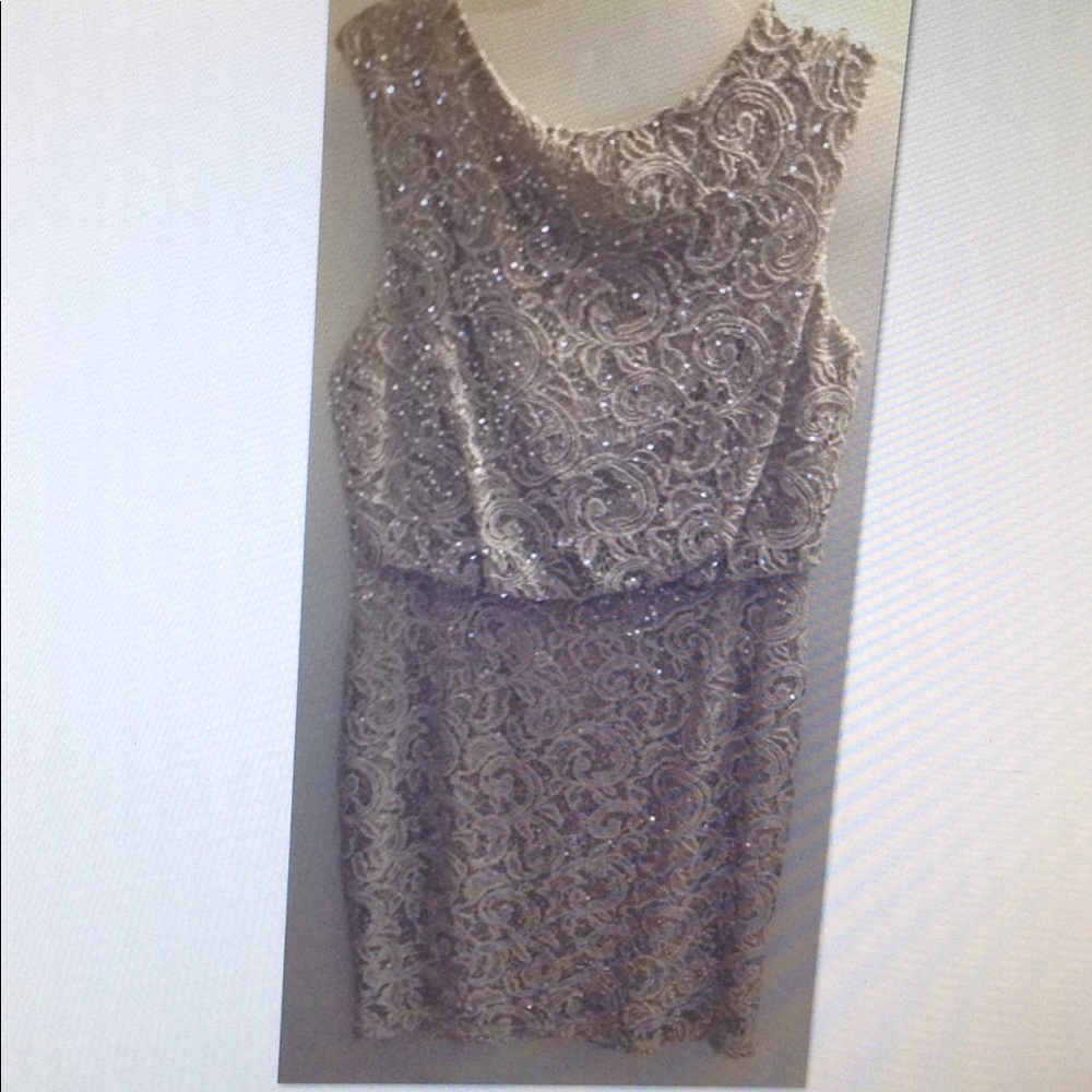 Taupe colored formal dress with sparse sequins